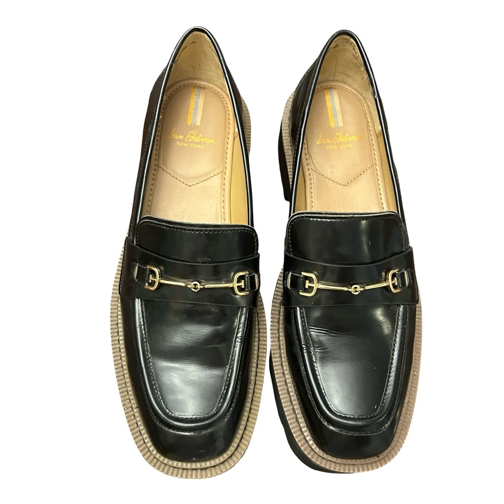 Sam Edelman Black Leather Loafers with Gold Accent Leather upper chunky heel 10M